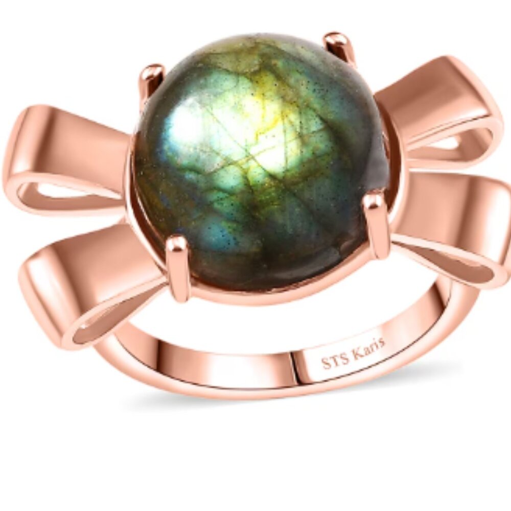 STS Karis Malagasy Labradorite 9.40 ctw Love Knot Ring in 18K RG Plated